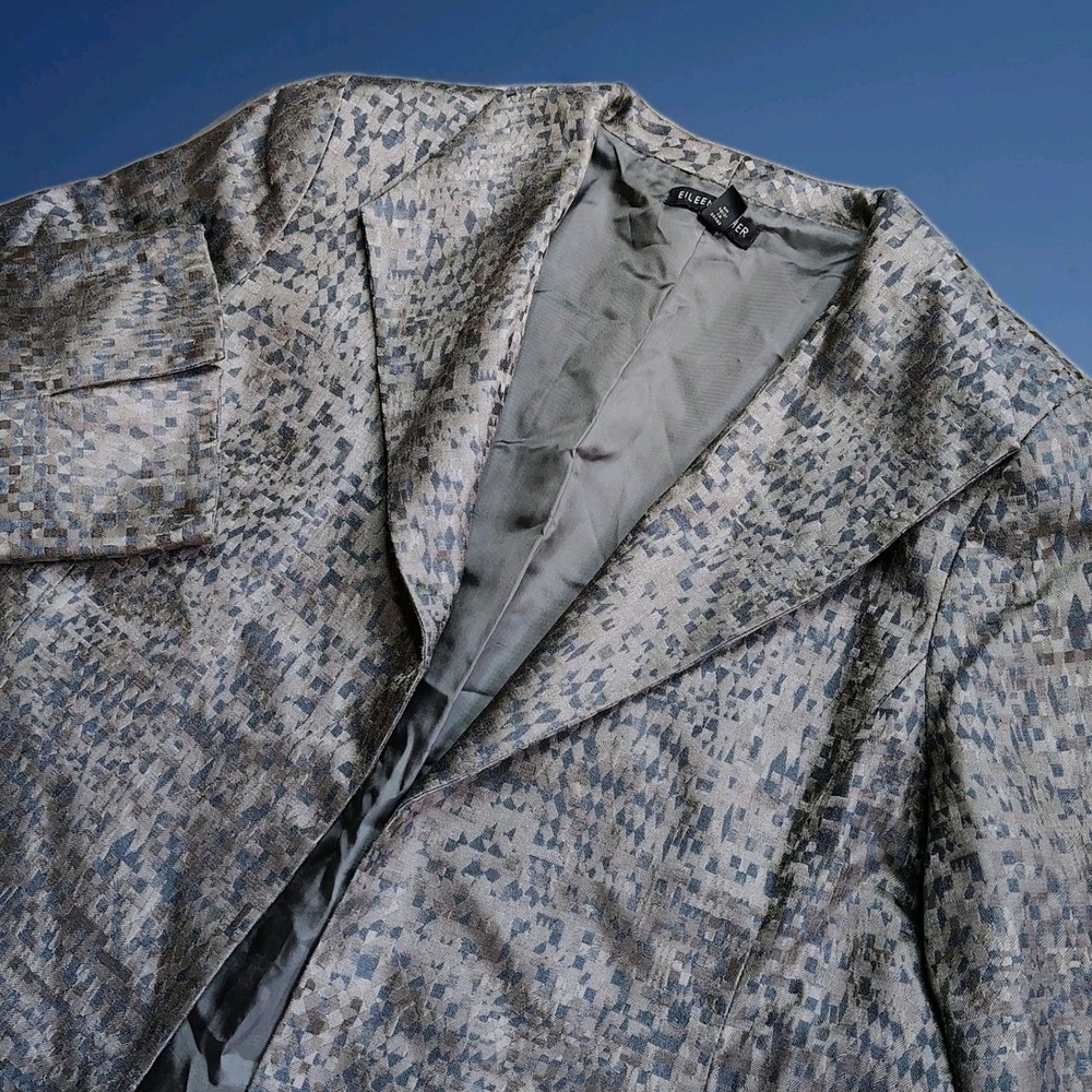 Eileen Fisher Silk Blazer Women XS Grey Blue Geometric Open Front Jacket